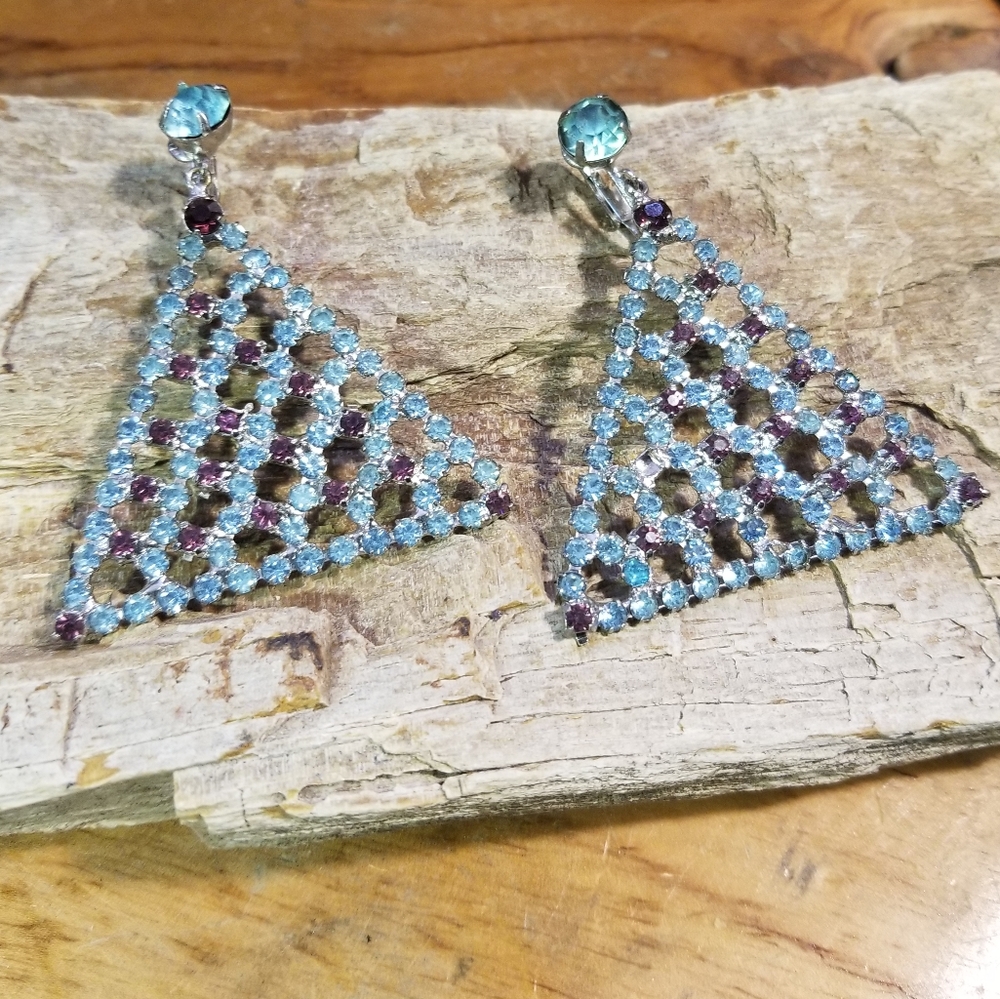 Blue & Purple Rhinestone Triangle Clip Ear…